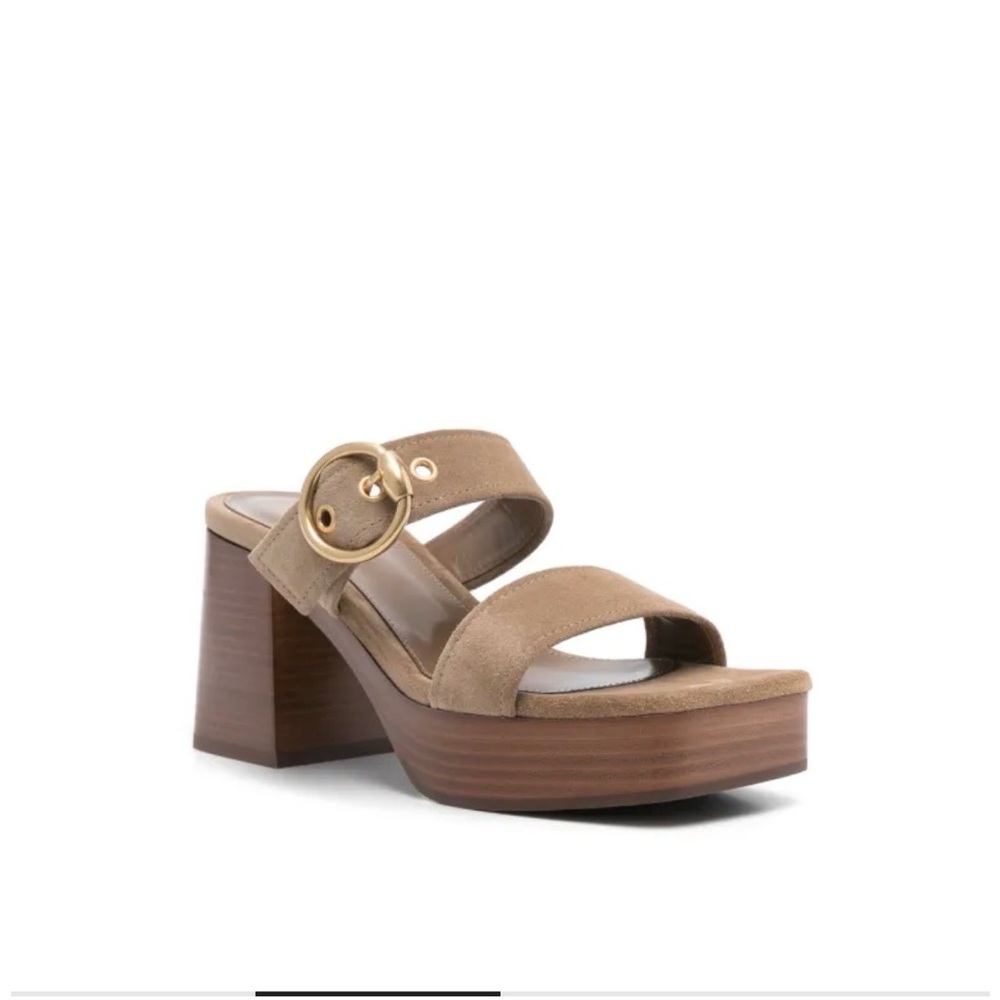 Gianvito Rossi Taupe Suede Platform Slide Sandals with double strap Gold Buckle